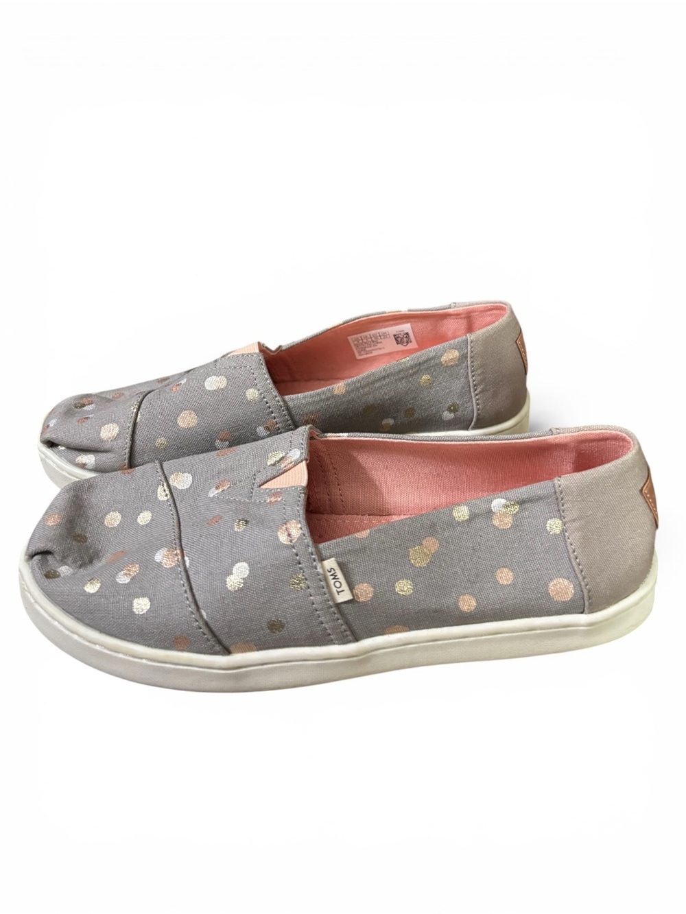 Toms Classic Flats Youth Size 4 Gold Foil Gray Rose Polka Dot Slip Ons Worn 1x